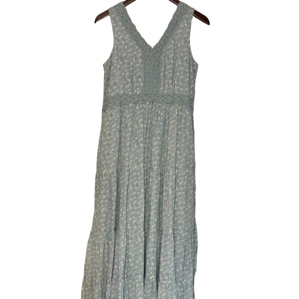 April Cornell XS Sz 6 8 Blue Ditsy Floral Tiered Flowy Boho Maxi Dress Pockets